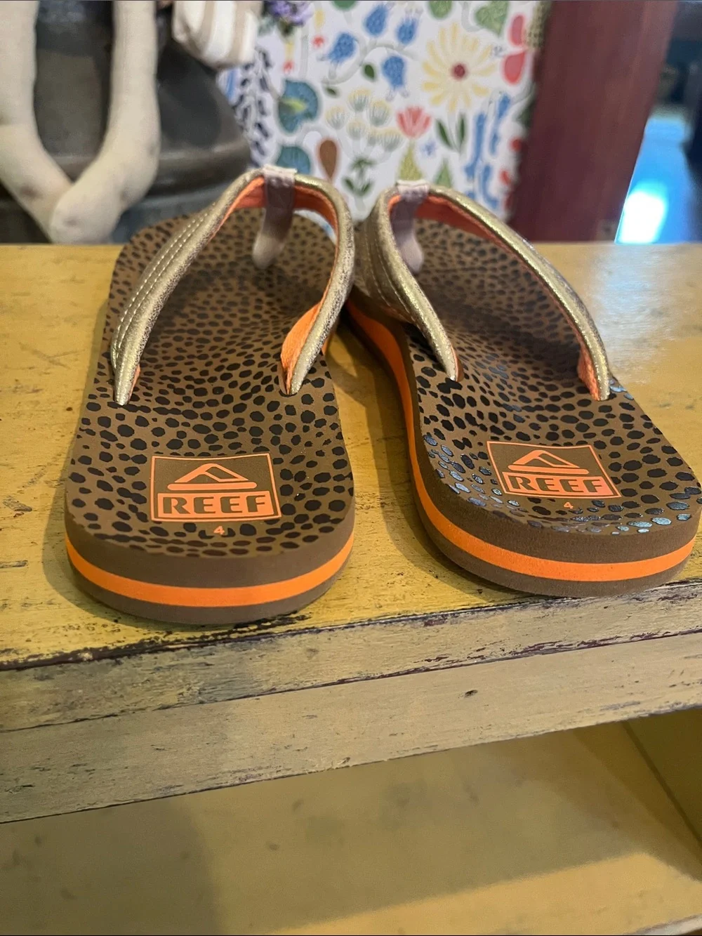 Reef Metallic Gold and Orange Leopard-Print Flip Flops
